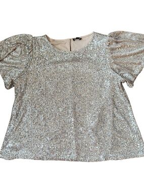 NWOT/ XL Silver Sequin Puff-Sleeve Blouse